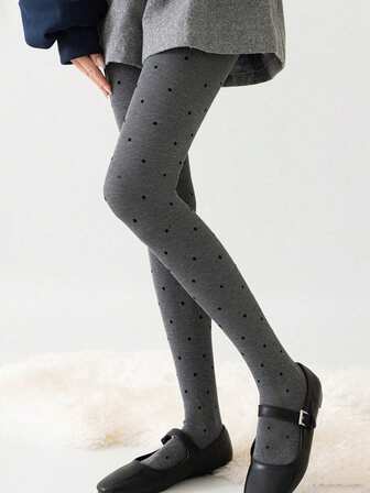 Grå & svarta prickiga strumpbyxor/leggings - Ogenomskinliga lårhöga strumpor för dam, lämpliga för höst och kallt väder