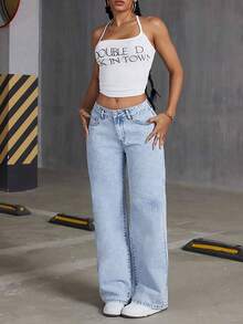 Jeans de mujer Pantalones vaqueros rectos de cintura alta para mujer, estilo dulce y picante, corte holgado, con cierre de botón y cremallera. Pantalones vaqueros rectos de cintura alta y pierna ancha. Estilo para todas las estaciones: favorecedores, informales y cómodos. - Celeste - Ver 6