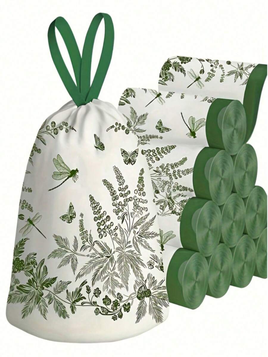 加厚抽绳垃圾袋，家用，每卷100个，抽绳设计 - 大号聚乙烯垃圾袋，适用于厨房和浴室，高品质花卉图案，优质易撕便携式垃圾袋，新材料，轻便耐用，非常适合家庭使用，是春节/母亲节/情人节/节日派对用品的理想之选。 - 彩色 - 查看 1