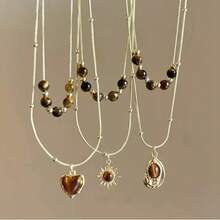 Fashion Double-Layer Brown Natural Stone Sun Heart Pendant Golden Metal Chain Necklace For Women Aesthetic Retro Jewelry Gift - Multicolor - View 2