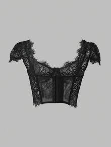 RAHQ 1pc Sexy Lace Sheer Bustier Top - Y2K Aesthetic Hollow Out Crop Top, Suitable For Party And Date - Black - View 2