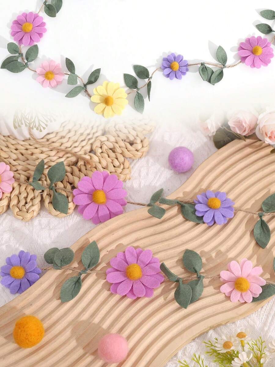 一套雏菊毛毡花环，彩色雏菊毛毡花环，彩色花叶链花环，春季生日婚礼派对装饰，花卉拍照道具，波西米亚风雏菊家居房间悬挂花环，适合生日、婴儿派对、婚礼背景装饰 - 彩色 - 查看 1