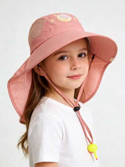 1 pieza Sombrero de cubo de malla transpirable para niños, ala ancha, decoración linda de elefante y estrella, correa ajustable con silbato, adecuado para exteriores, playa, ocio en verano