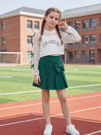 8-12 Years Old Girls 3-Piece Set: White Hooded Mesh Sheer Sweater + Green Bow Decor + Letter Print Camisole + Green Pleated Skirt + Big Bow Decor, Sweet & Spicy School Style, Breathable & Lightweight, Elastic Waist Comfortable, Suitable For Outings And School Wear