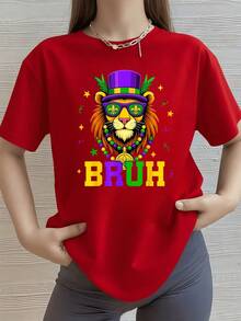 León con sombrero morado gafas con flores de lis y collar de cuentas símbolo festivo de carnaval camiseta de mujer 100% algodón 220g - Rojo - Ver 8