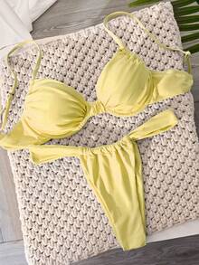 Traje de baño de mujer, bikini básico sexy en estilo rojo sexy y azul claro sólido, bañador retro para la playa para mujer, disfraz de fiesta de Navidad, regalo para ella, vacaciones de San Valentín de verano - Amarillo - Ver 9