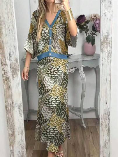 Women's Elegant 2-Piece Set, Vintage Floral Print Top And Skirt Suit, Casual Bohemian Style Chic Outfit