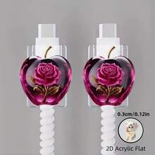 2个装 2D 亚克力扁平玫瑰苹果造型数据线保护套，耐用，Type-C 手机数据线保护套，美观坚固（非电气产品），水晶苹果图案数据线保护套，耐用，Type-C 手机数据线保护套，美观坚固，精致生活，更好地保护数据线（非电气产品），2D 扁平