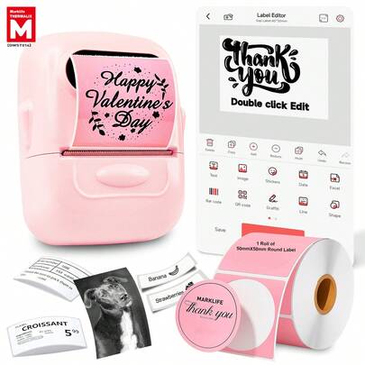 Marklife Makrlife 1pc (Pink) P50 Wireless Thermal Label Printer, Portable Wireless Home Label Printer, Barcode Label Printer, Suitable For Mail, Clothing Tags, Jewelry, Retail, Shipping, Home And Office Gifts, Compatible With Android And IOS, Comes With 1 Roll Of 40*30mm Label Paper, Christmas Gift/New Year Gift/2026 New Year Gift/Gift For Family/Year-End Gift