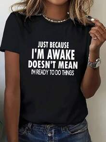 Plus Size Women's Daily Humorous Teasing Style Text Slogan Uppercase Font Layout Simple Text Layout Round Neck Short Sleeve Casual Spring/Summer/Fall Plus-Size T-Shirt Valentine's Day/Back-To-School Graphic Tee Tops For Women - Black - View 1