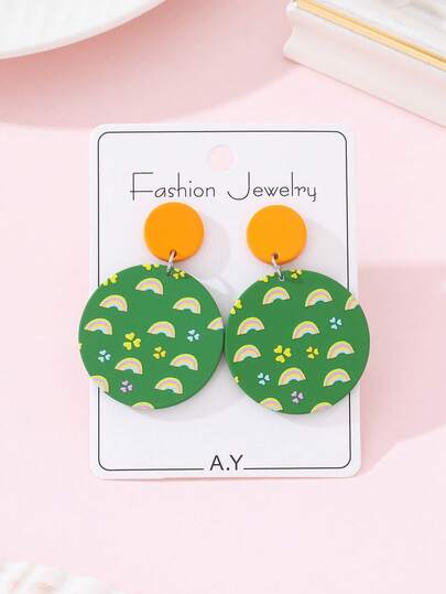 1 Pair St. Patrick's Day Enamel Faux Clay Printed Rainbow Clover Design Fashion Earrings For Women, Suitable For Holiday Parties And Gifts