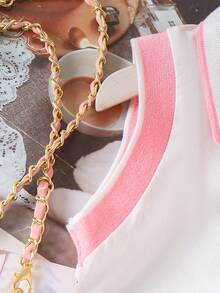 2pcs Girls' School Sports Heart Embroidery Sleeveless Polo Collar Top And Pleated Skirt Set, Summer - Pink - View 5