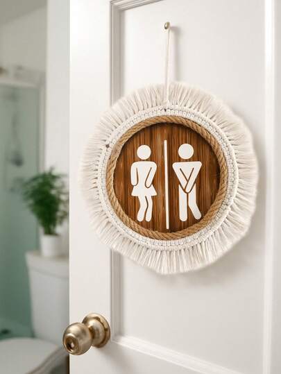 1pc Boho Bathroom Restroom Wall Hanging Decor Macrame Style Toilet Sign Round Wooden Look Wall Art Chic Minimalist Home Decoration Rustic Farmhouse Aesthetic Modern Neutral Interior Accent Decorative Hanging Sign For Bathroom Door Powder Room Guest Bathroom Washroom Home Apartment Dorm Entryway Cafe Shop Hotel Restaurant Interior Wall Decor