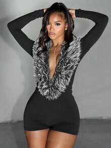 Women's Sexy Fur Collar Deep V-Neck Long Sleeved Tight Jumpsuit Slim Fit Shorts Enterizo Para Mujer Mono Para Mujer One Piece Jumpsuit Rompers Bodysuits Full Body Suit Gift For Valentine's Day And Graduation Party Birthday Celebrations Back-To-School Night Date - 黑色 - 查看 3