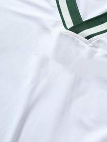 Men's Casual Retro Sports Style Letter & Number Print V-Neck Contrast Striped Trim Short Sleeve T-Shirt, Summer - White - View 6