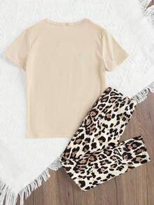 Tween Girl Leopard Print Heart & Letter Graphic Short Sleeve T-Shirt And Leggings Casual Outfit - Apricot - View 2