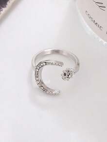 1pc Star And Moon Rings For Women, A European And American Style Star And Moon Ring, An Star And Moon Open-Finger Ring, Adjustable, Suitable For Everyday Wear - 銀色 - 查看 3