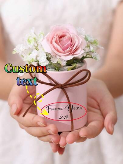 [Customized] Portable Round Paper Box With Rose Bouquet - Can Customize Exclusive English Text, Pre-Assembled For Wedding, Party Table Decor, Gift Packaging, Suitable For Wedding, Birthday, Valentine's Day - Compact Round Paper Box