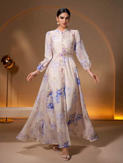 Women's Elegant Long Sleeve Floral & Leaf Print 2-Piece Dress, Bohemian Style With Belt And Buttons, Formal Evening Gown