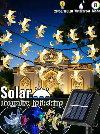 1 Stück Solar Stern und Mond Lichterkette - 20/50/100 LEDs, 8 Beleuchtungsmodi, IP65 wasserdicht Feenlichter, Außen Hof Festival Atmosphäre Licht, Mubarak Märchenlichter, geeignet für Gärten, Höfe, Pavillons, Dachrinnen, Hochzeiten, Feste, Zusammenkünfte, Partys, Ramadan Eid Al Fitr Dekoration, Innen/Außen Dekorative Lichterkette (Warmweiß/Weiß/Farbig)