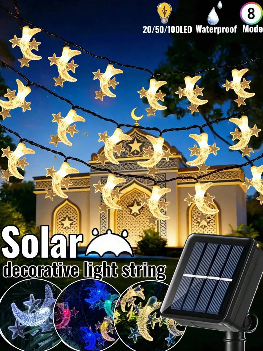 Dây đèn LED hình sao và trăng năng lượng mặt trời - 20/50/100 đèn LED, 8 chế độ chiếu sáng, chống nước IP65, đèn trang trí sân vườn ngoài trời, đèn cổ tích Mubarak, thích hợp cho vườn, sân, gian hàng, mái hiên, đám cưới, lễ hội, tụ họp, tiệc tùng, lễ hội, trang trí Ramadan Eid Al Fitr, dây đèn trang trí trong nhà/ngoài trời (Trắng ấm/Trắng/Màu)
