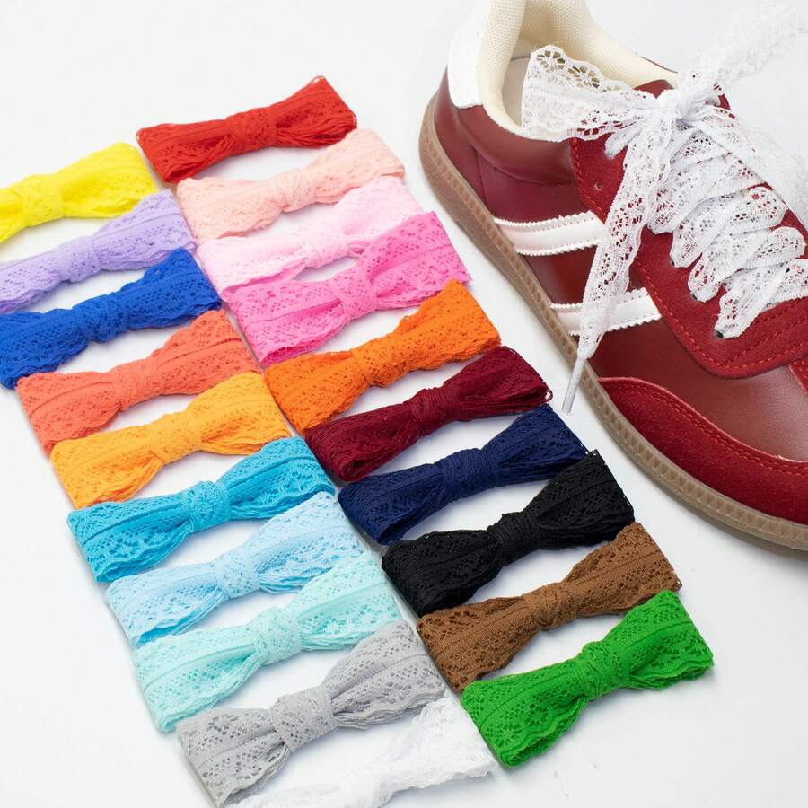 1 对蕾丝鞋带，芭蕾风格，白色丝绸蕾丝边，适合女士男士运动鞋男士训练鞋跑步鞋夏季 - 白色 - 查看 1