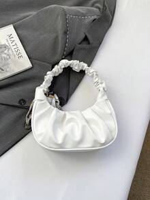 Elegant Pleated Handbag, Suitable For Home, Shopping, Mini Solid Color Pleated Handbag, Ladies Solid Color Cloud Crescent Handbag - White - View 5