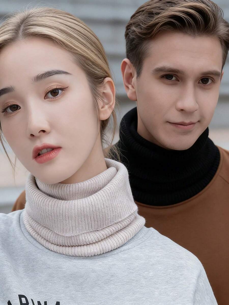 1件秋冬保暖羊毛脖套，加厚保暖，时尚百搭女士针织围巾，装饰性颈部保护，抽绳设计，多功能头颈罩，适合沙滩、度假、旅行等场合。