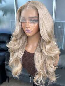 13X4 金色水波纹蕾丝前假发 22英寸柔软长波浪假发 Kanekalon Futura 发丝 无胶自由分缝 180% 密度 配有可调节绑带和梳子 耐热金色合成假发 女士完美日常佩戴 派对和特殊场合 - 彩色 - 查看 10