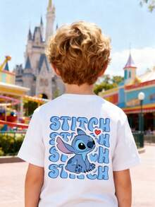 Disney Boys' T-Shirt, Stitch Alphabet Cartoon Double-Sided Print, Summer Boys' Cotton Crew Neck Short Sleeve, Suitable For Everyday Wear, Vacations, Outdoor Activities, And As A Gift For Children. - 白色 - 查看 3