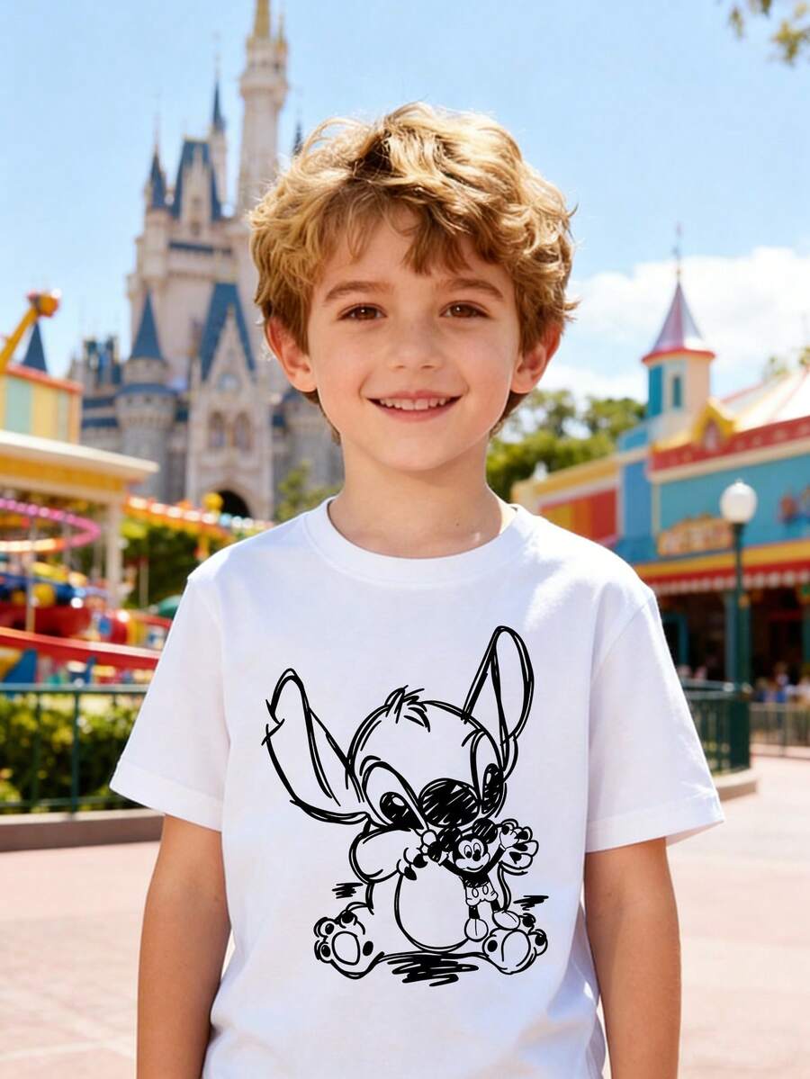 Disney Boys' T-Shirt, Creative Stitch Line Cartoon Print, Summer Boys' Cotton Crew Neck Short Sleeve, Suitable For Everyday Wear, Vacations, Outdoor Activities, And As A Gift For Children. - trắng - Xem 1