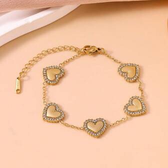 Pulsera de lujo con corazón de cristal al estilo europeo y americano, de acero inoxidable chapado en oro de 18K, elegante para uso diario de mujeres