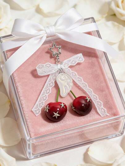 Y2K Goth Lace Bow & Cherry Bag Charm Keychain, Versatile As Bag Charm, Keychain Accessory & Outfit Accent For Stylish Y2K/Goth Bag Styling, Edgy Cute Purse Hanging Ornament With Star & Pearl Wing Accents, Ideal For Decorating Handbags, Crossbody Bags, Backpacks, Suitable For Y2K Fashion Enthusiasts, Women, Teen Girls, Gift Givers, Perfect For Daily Outings, Music Festivals, Casual Gatherings