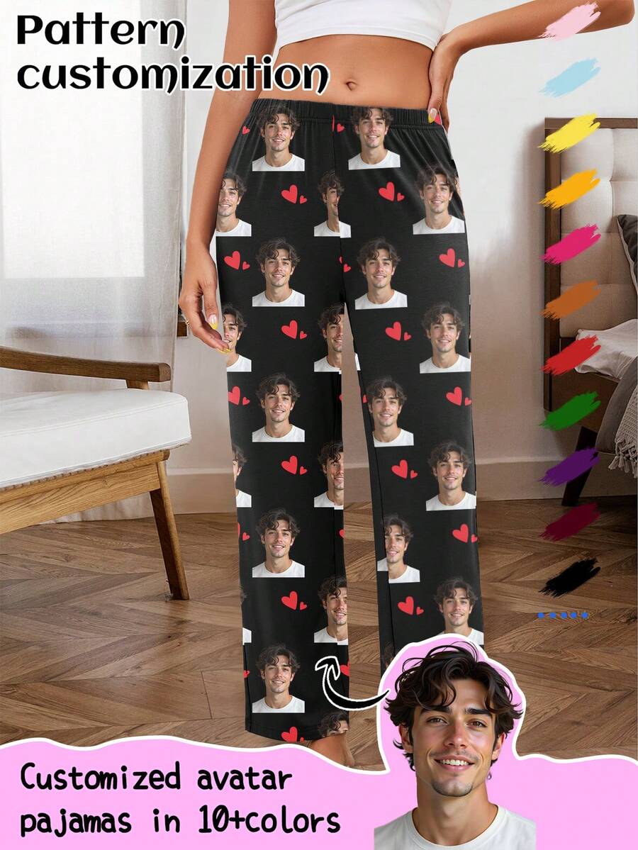 Customized Women's Pajama Pants, Unique Couple's Portrait, Couple's Face Replacement And Pet Face Swap, Holiday Atmosphere - Celebrity Portrait Fan Merchandise - Black - View 1