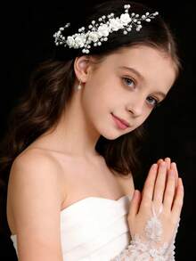 3pcs Set - Girls White Floral Handmade Beaded Hair Clip Accessory + Pearl Lace Short Bridal Gloves - Wedding Dress & Formal Hairstyle Soft Chain Rose Pearl Flower Wreath Set - Suitable For Photography Styling - Multicolor - View 5