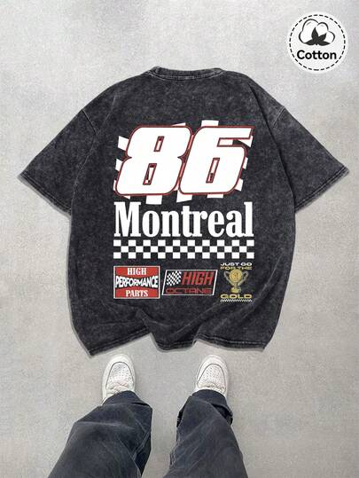 男士街头都市图案T恤，略带弹力做旧棉混纺黑色圆领短袖休闲T恤