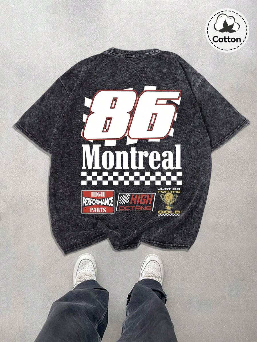 男士街头都市图案T恤，略带弹力做旧棉混纺黑色圆领短袖休闲T恤 - 黑色 - 查看 1