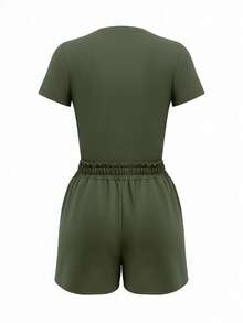 LovelyWholesale 2pcs Women Casual Solid Color Short Sleeve Top And Shorts Set, Summer Elegant - Dark Green - View 6