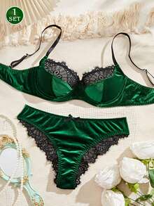 1套女士豹纹蕾丝无钢圈前扣文胸 - 綠色 - 查看 1