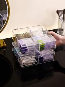 1pc 6-Grid Transparent Covered Cosmetic Display Box, Acrylic Makeup Storage Organizer, Serum & Ampoule Holder, Vanity Desk Dust-Proof & Moisture-Proof Container - Clear - View 2