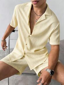 2pcs Men's Vacation Set: Solid Color Open Collar Shirt With Vintage Coin Texture, Paired With Elastic Waist Shorts. Soft, Breathable Fabric In Relaxed Fit, Suitable For Summer Daily Wear, Weekend Gatherings, Beach Vacations, And Seaside Parties. A Perfect Gift For Valentine's Day. - Apricot - View 2