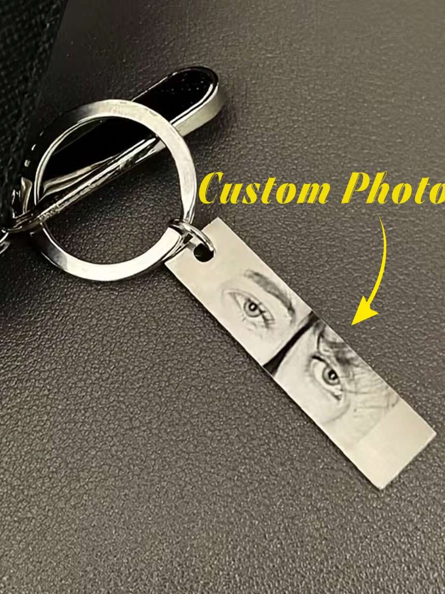 1pc Customized Stainless Steel Keychain With Eye Picture, Couple Gazing Memento, Popular Minimalist Design, Perfect Gift For Valentine's Day And Anniversary - White - View 1