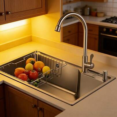 ก๊อกน้ำล้างจานสแตนเลส 304, ก๊อกน้ำเย็นเดี่ยวอ่างล้างจานคู่, หมุนป้องกันน้ำกระเซ็นสำหรับอ่างล้างหน้า