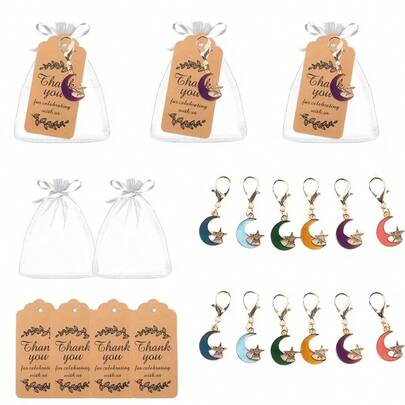36pcs/12 Sets Of Ramadan Moon And Star Keychain Sets, Party Keychain Gift Pack, Including 12 Keychains + 12 Organza Bags + 12 Thank You Cards, Featuring Vibrant Crescent Moon And Star Patterns, Suitable As Small Gifts For Friends And Relatives, Accessories For Eid Al-Fitr Celebrations, Festive Keychains, And The Perfect Gift For Friends And Colleagues During Eid Al-Fitr