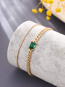 2pcs/Set Multi-Layer Gold Snake Chain Bracelet With Sparkling Green Rectangular Zirconia Stones, Layered Bracelet Jewelry Gift For Women - Yellow Gold - View 3