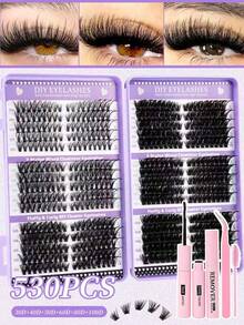 640片装（10D+20D+30D+40D、30D+40D+50D+60D、50D+60D+80D+100D）卷翘簇状假睫毛套装，包含新手友好型假睫毛教程，蓬松DIY分段式假睫毛，配有胶水、卸妆液、镊子、睫毛刷，可重复使用，大容量单片假睫毛套装 - 黑色 - 查看 1