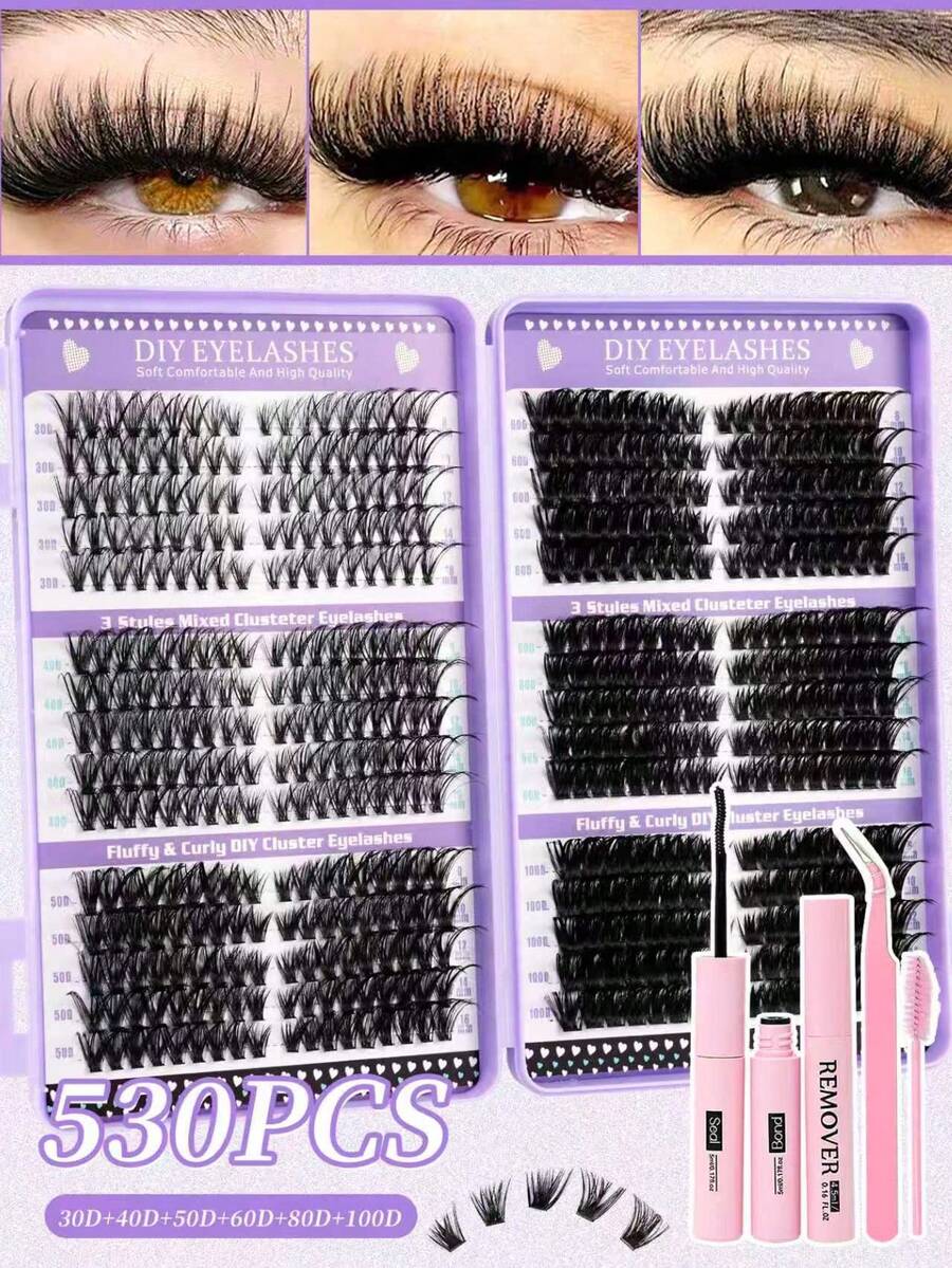 640片装（10D+20D+30D+40D、30D+40D+50D+60D、50D+60D+80D+100D）卷翘簇状假睫毛套装，包含新手友好型假睫毛教程，蓬松DIY分段式假睫毛，配有胶水、卸妆液、镊子、睫毛刷，可重复使用，大容量单片假睫毛套装 - 黑色 - 查看 1