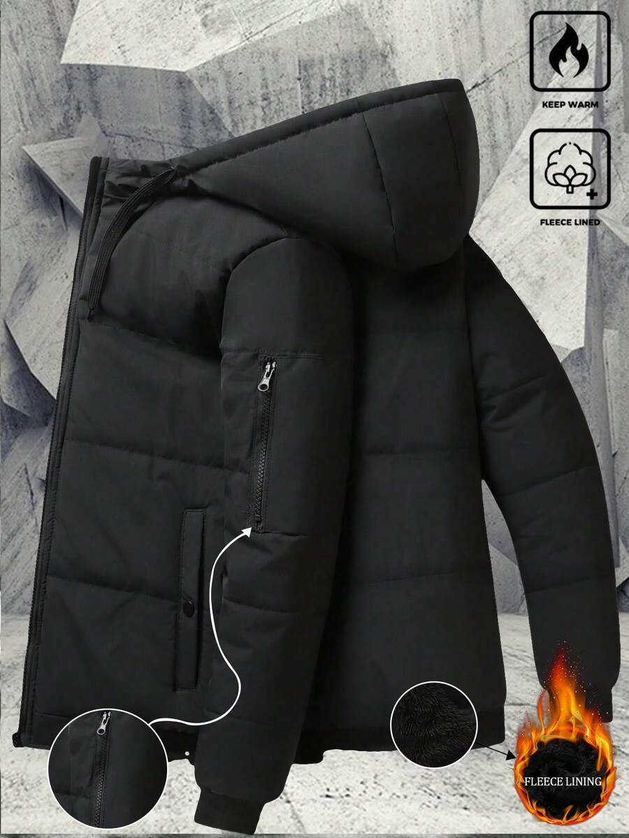 Men's Autumn/Winter Outdoor Casual Sports Fashionable Hooded Jacket, Front Zipper, Multi-Pocket, Thick Plush Lined, Suitable As Gift For Boyfriend, Husband, Father