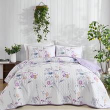 Purple  Floral Quilt Set King Size, 3 Pieces Botanical Plants Pattern Bedspread Coverlet Set With 2 Pillowcases, Soft Lightweight Microfiber Bedding Set For All Season,Easter Gift, Mother's Day Gift, Wedding Gift, Wedding Supplies, Bedroom Supplies - 紫色 - 查看 2