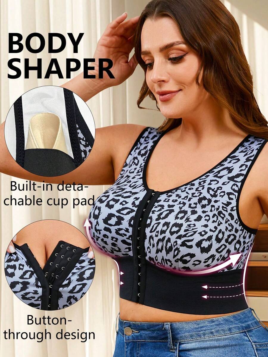 1pc Waist Tie Front Button Leopard Print Camisole With Built-In Cup Pad, Casual Layering Tank Top - Blue - View 1